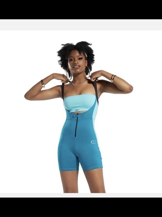 reebok by cardy b Pants - Reebok x Cardi B Women's Seaport Teal Leotard & Bandeau Top Set - Size Medium